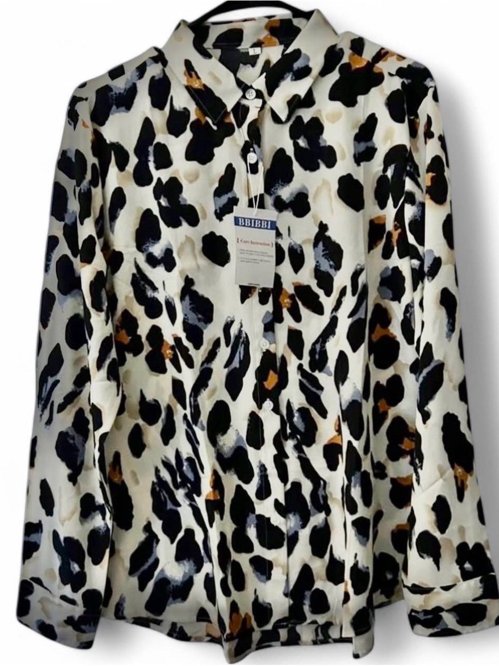 BiBi Ivory Leopard-Print Button-Front Blouse with Black & Brown Spots